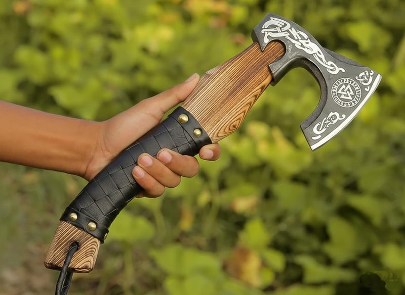 FH TRADERS Viking Axe Ashwood Handle Handmade Carbon Steel Blade, Outdoor Camping Hunting, Norse Hatchets Axes, with Black Leather Wrapped Handle & Leather Sheath Wood Splitting Axes - Image 2